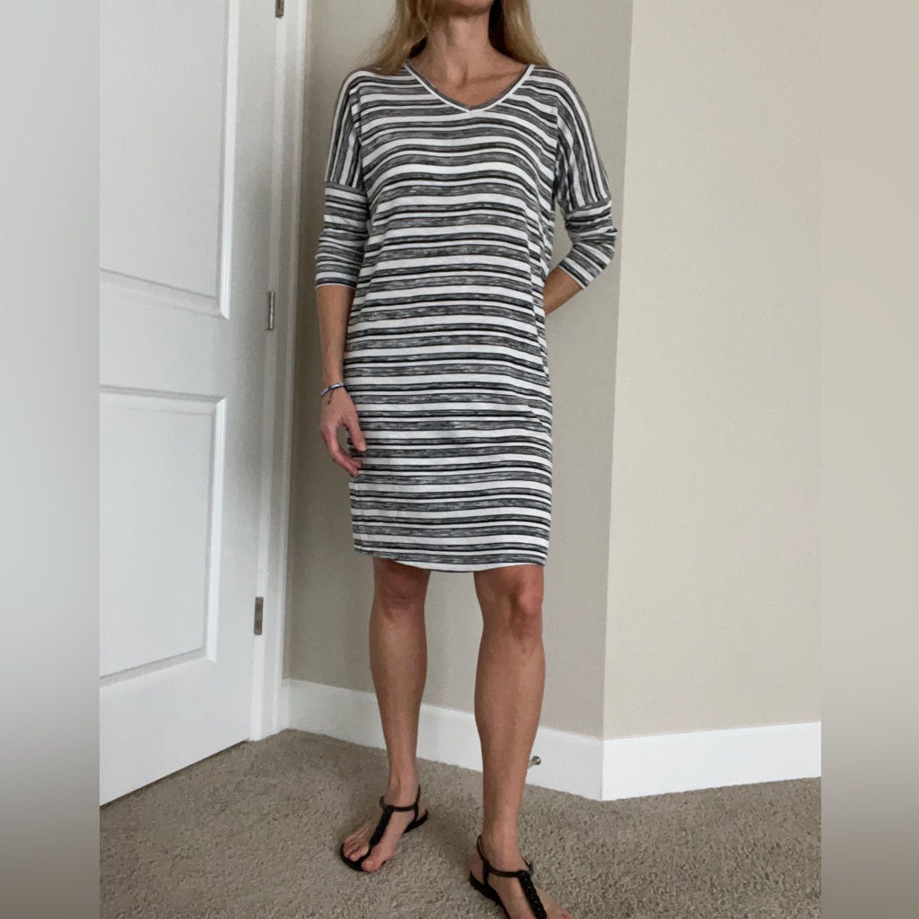 David Jones Dress Women Sz Small Oversized 3/4 Sleeve V-Neck Black White Stripes